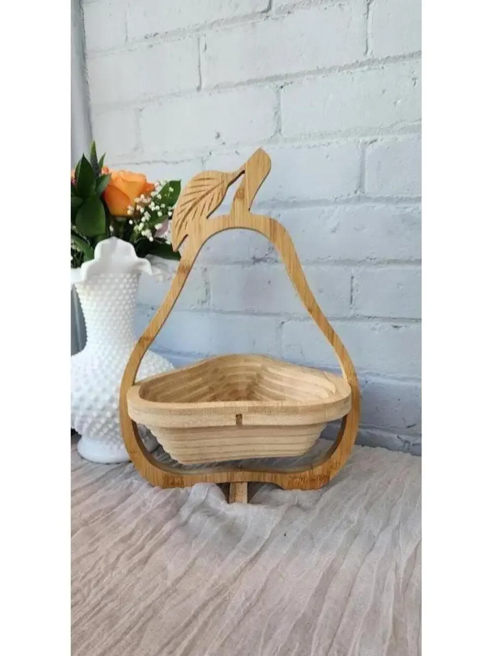 Pear Shaped Collapsible Wooden Basket Bowl Bamboo Farmhouse Decor